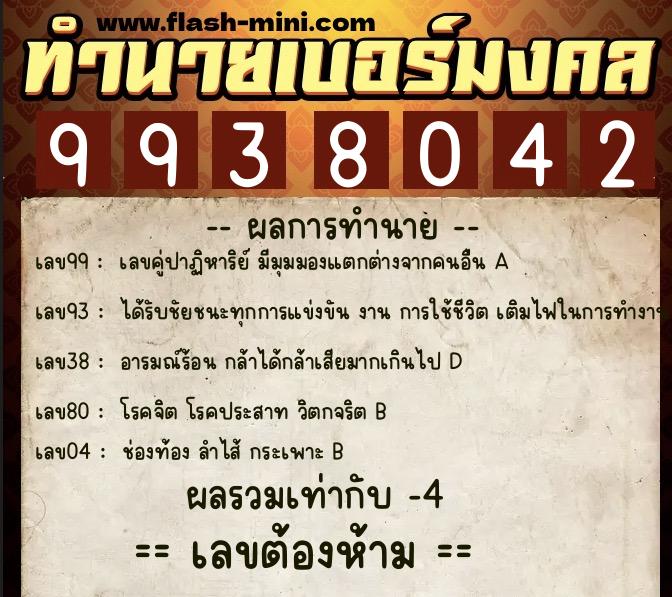ทำนายเบอร์มงคล 0XX-9938042  ทำนายเบอร์มงคล หมายเลข 094-993804 