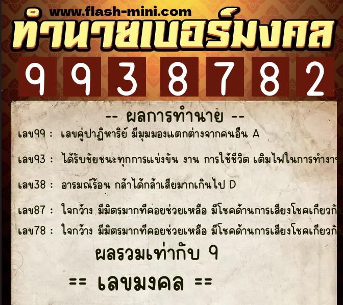 ทำนายเบอร์มงคล 0XX-9938782  ทำนายเบอร์มงคล หมายเลข 099-993878 