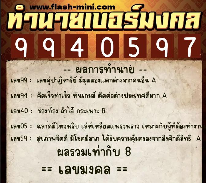 ทำนายเบอร์มงคล 0XX-9940597  ทำนายเบอร์มงคล หมายเลข 098-994059 