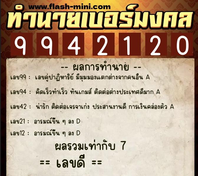 ทำนายเบอร์มงคล 0XX-9942120  ทำนายเบอร์มงคล หมายเลข 091-994212 