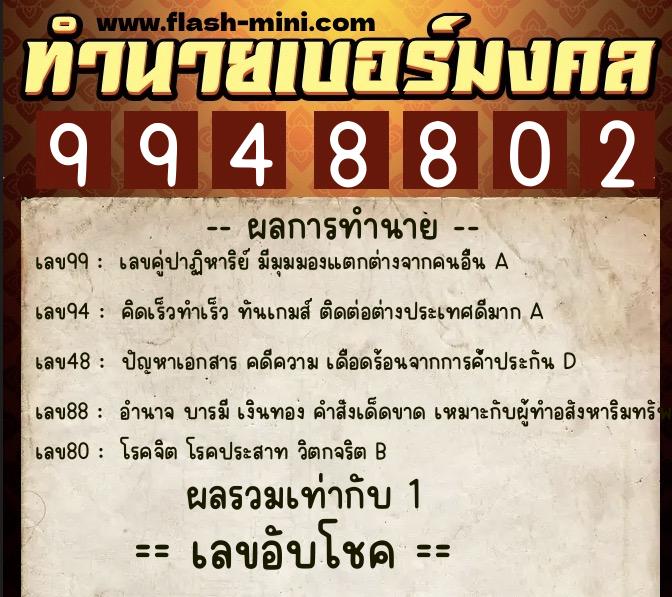 ทำนายเบอร์มงคล 0XX-9948802  ทำนายเบอร์มงคล หมายเลข 090-994880 