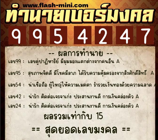 ทำนายเบอร์มงคล 0XX-9954247  ทำนายเบอร์มงคล หมายเลข 088-995424 