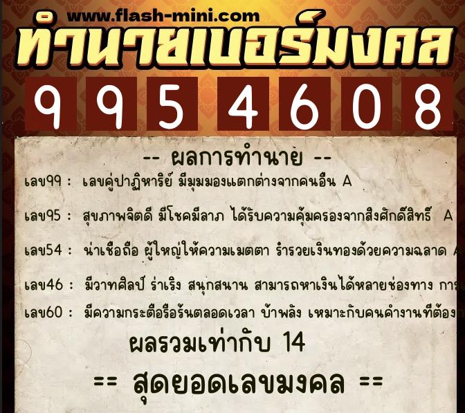 ทำนายเบอร์มงคล 0XX-9954608  ทำนายเบอร์มงคล หมายเลข 097-995460 