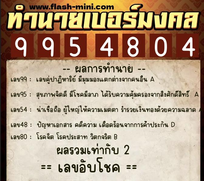 ทำนายเบอร์มงคล 0XX-9954804  ทำนายเบอร์มงคล หมายเลข 062-995480 