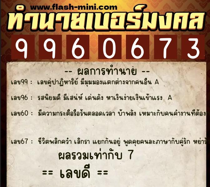 ทำนายเบอร์มงคล 0XX-9960673  ทำนายเบอร์มงคล หมายเลข 088-996067 