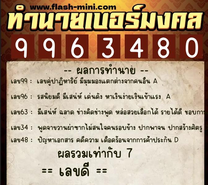 ทำนายเบอร์มงคล 0XX-9963480  ทำนายเบอร์มงคล หมายเลข 068-996348 