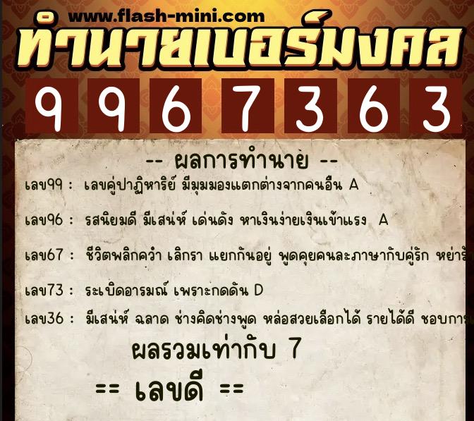 ทำนายเบอร์มงคล 0XX-9967363  ทำนายเบอร์มงคล หมายเลข 065-996736 