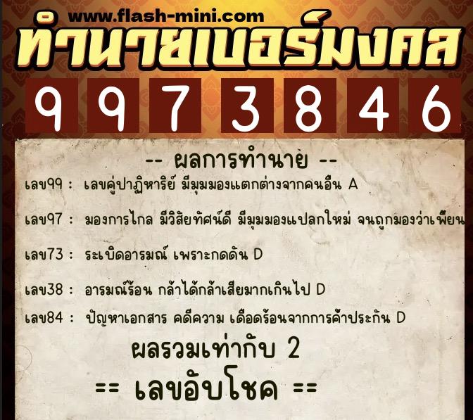 ทำนายเบอร์มงคล 0XX-9973846  ทำนายเบอร์มงคล หมายเลข 063-997384 
