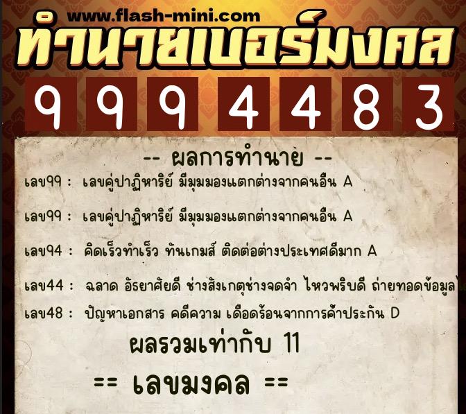 ทำนายเบอร์มงคล 0XX-9994483  ทำนายเบอร์มงคล หมายเลข 064-999448 